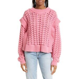 Aknvas Jules Pink Wavy Knit Ruffle Shoulder Sweater Size Small